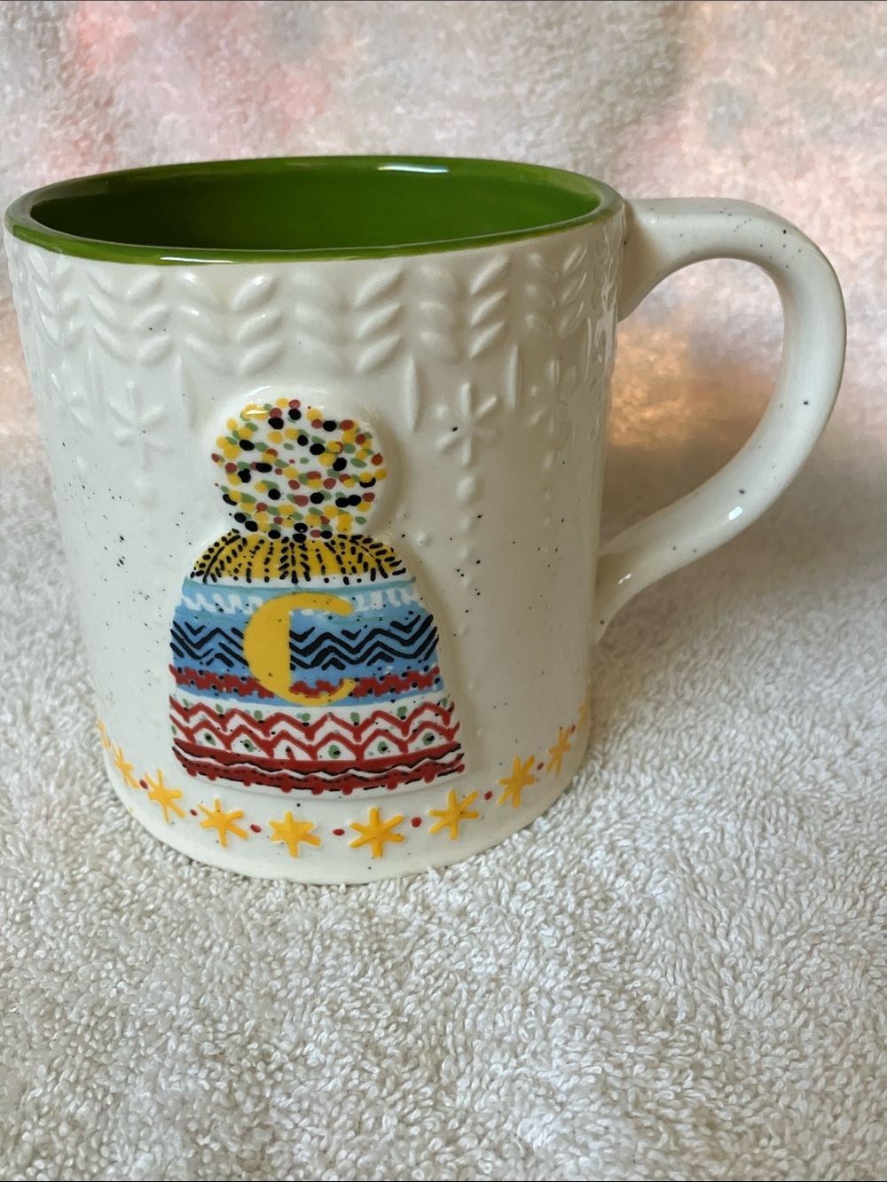Anthropologie Letter “C” Mug with Green Interior Motif Knit Hat